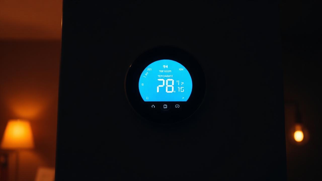 Smart thermostat glowing on a dark wall at night showing a hot interior temperature