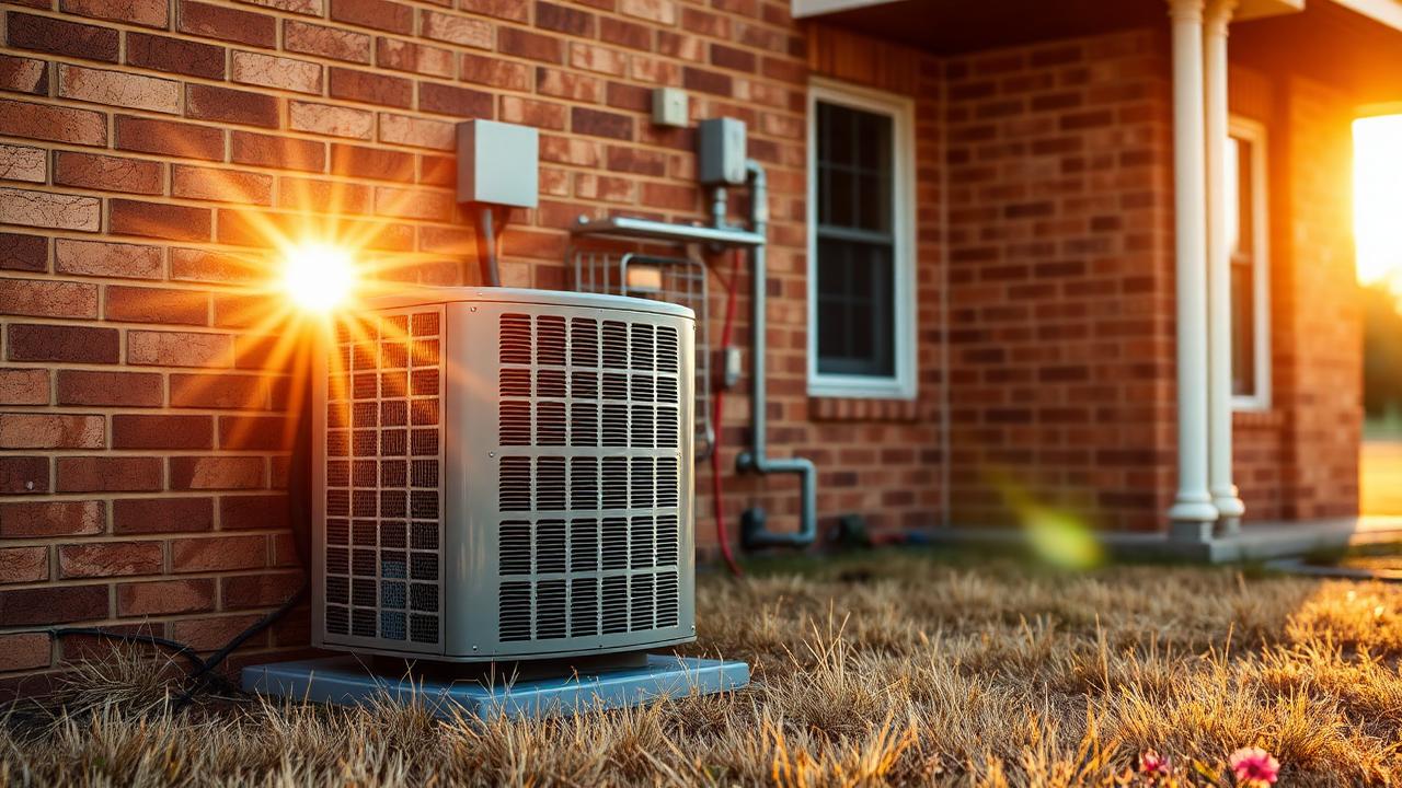Residential AC condenser unit beside a Texas brick home in summer heat