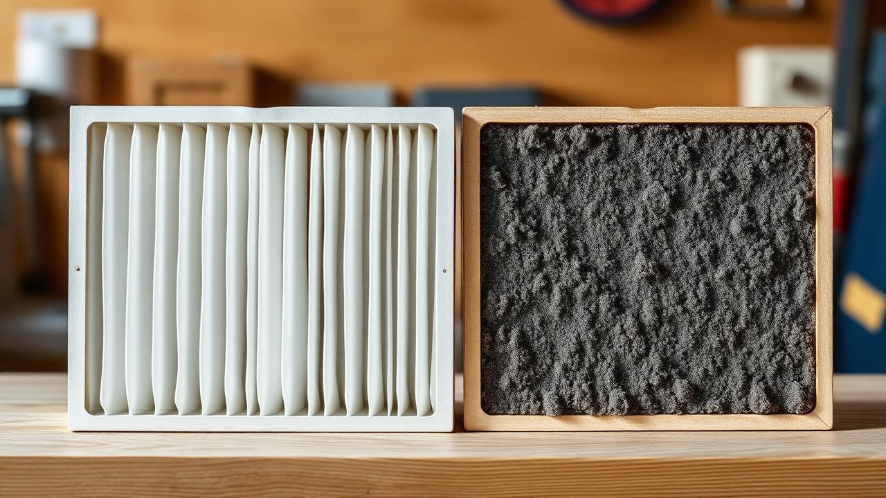 Clean new HVAC air filter next to a heavily used dirty filter