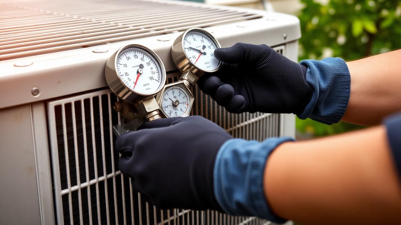 HVAC technician using manifold gauges to check AC refrigerant pressure