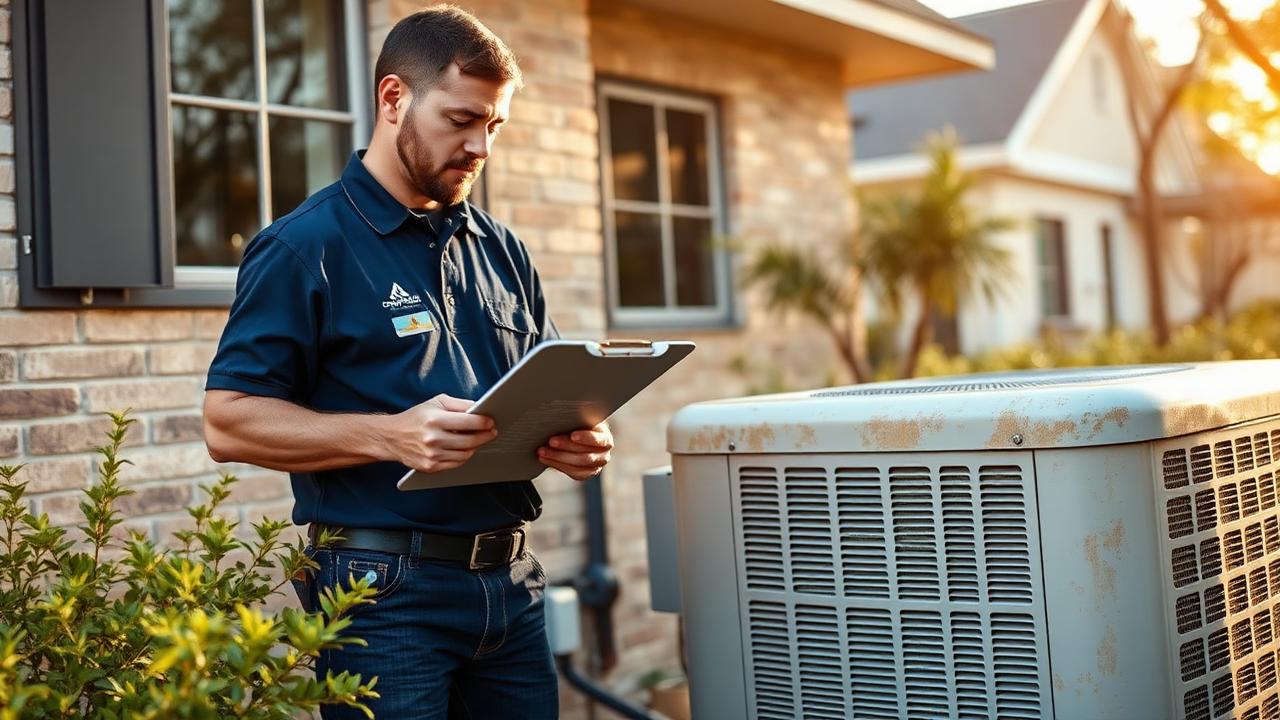 HVAC technician inspecting an aging outdoor AC condenser at a Texas home