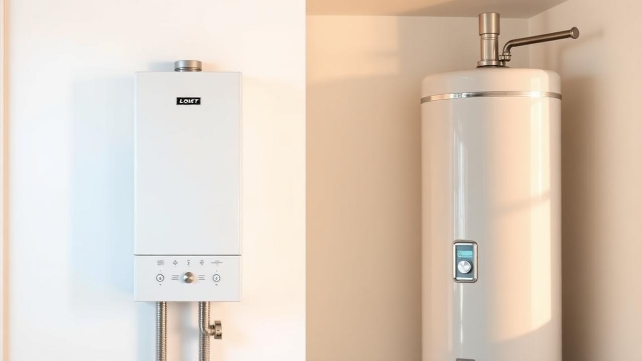 Wall-mounted tankless water heater next to a traditional tank water heater